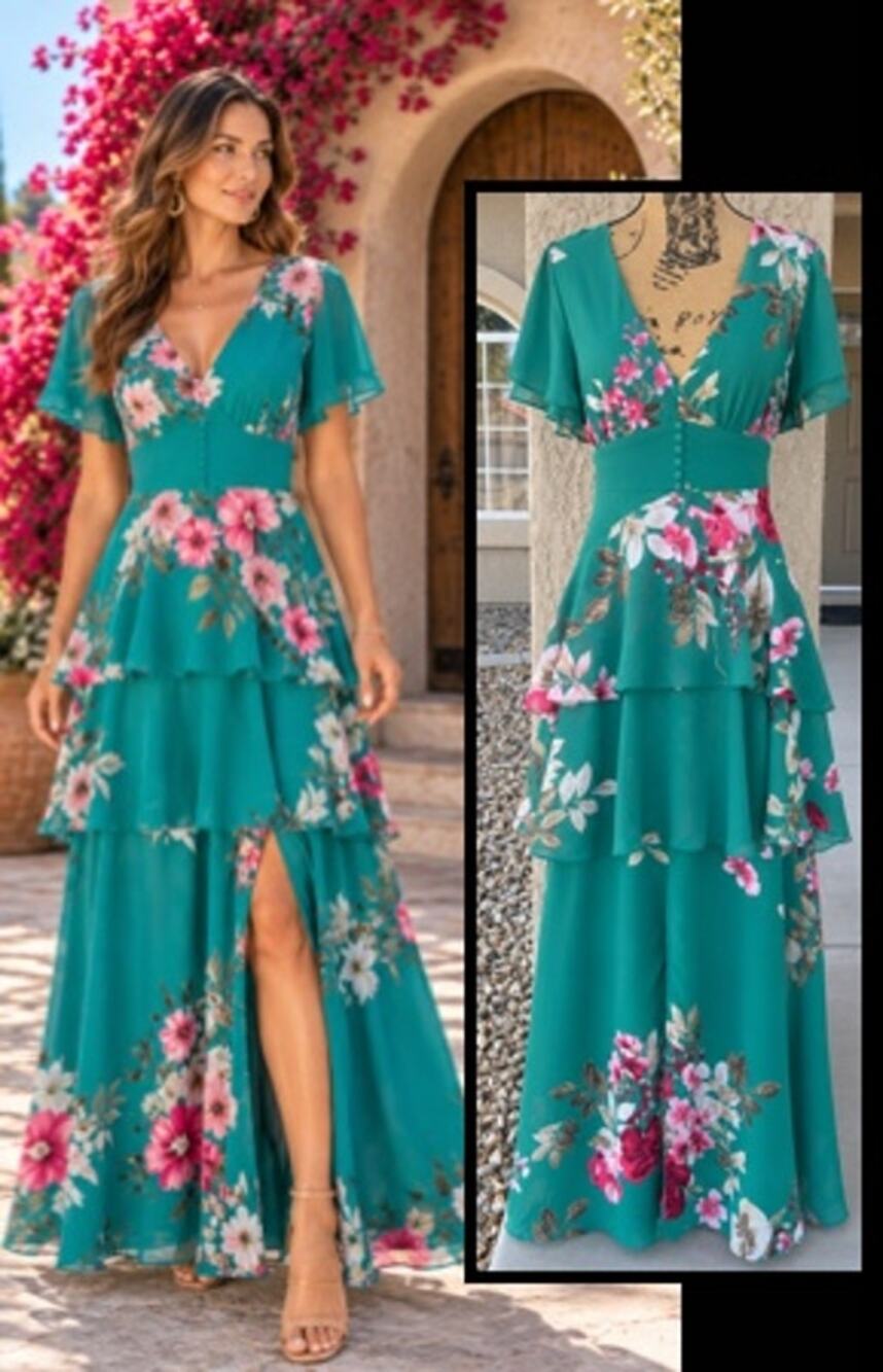 Lulus Moon Tiered Floral Olive Green Open Tie Back Maxi Dress Size M